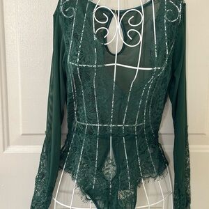 Forest Green Lace Long Sleeve Chemise